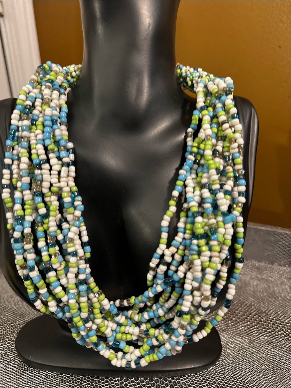 Multi-Strand Blue, White & Green Seed Bead Necklace